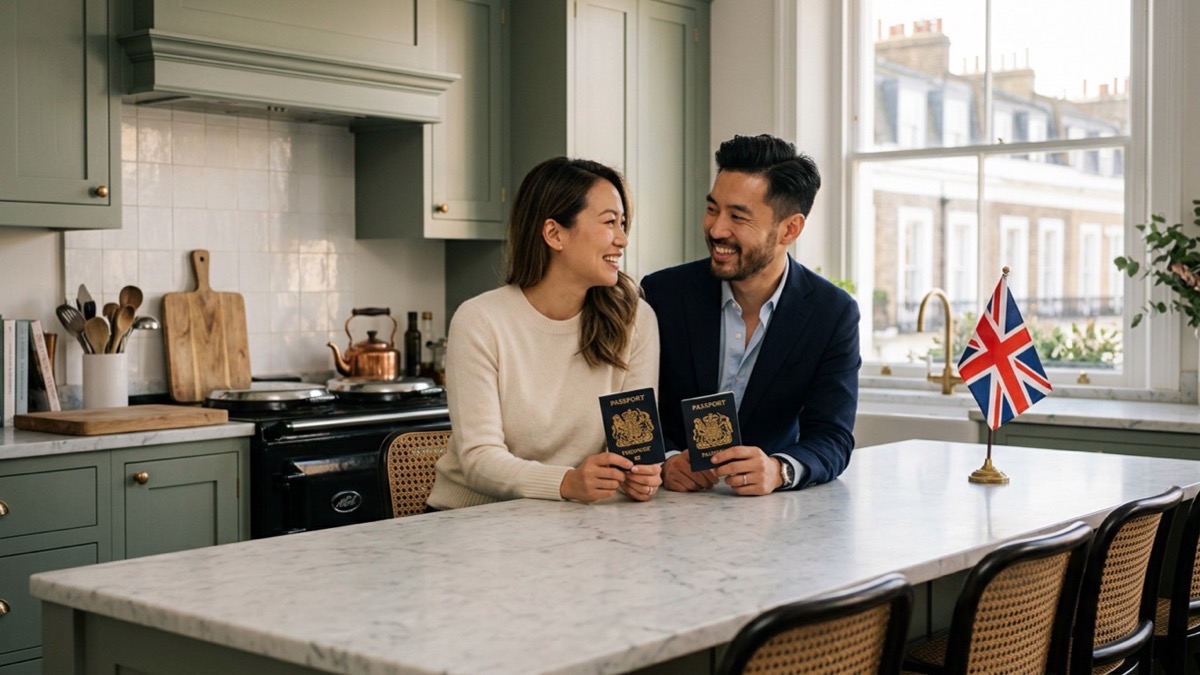 absences-from-the-uk-for-british-citizenship-2 A couple sitting together at a marble kitchen island in a London home, each holding a British passport, with a small Union Jack flag on the counter.