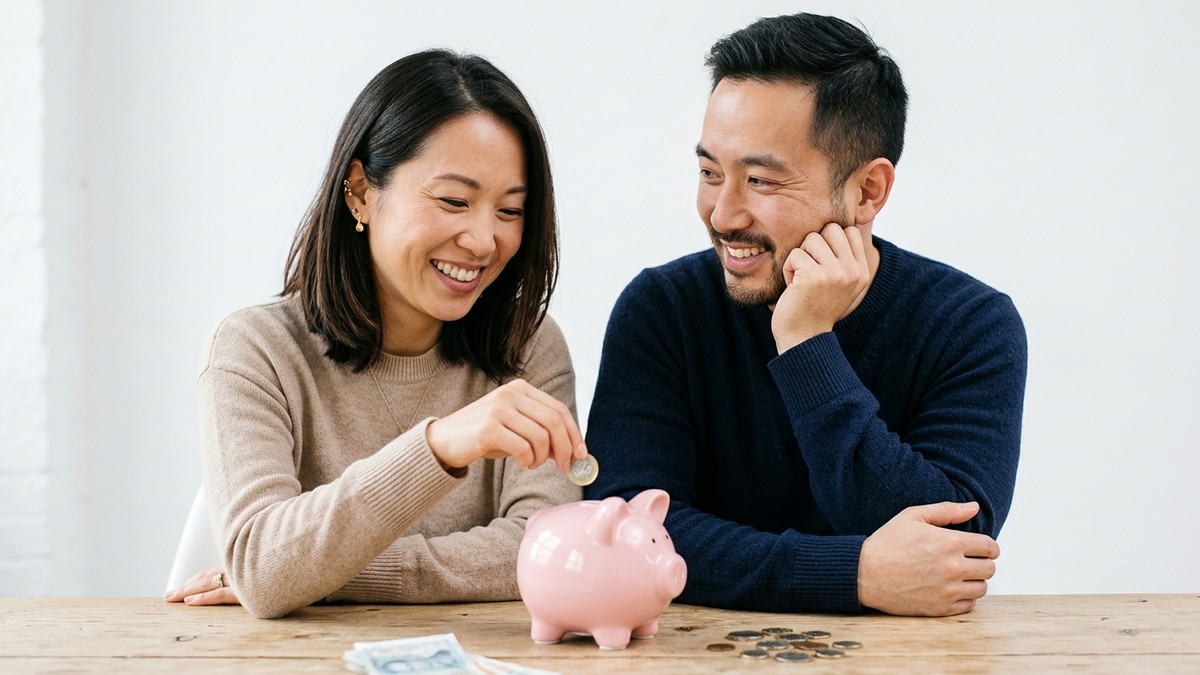 Cash Savings for a UK Spouse Visa A couple placing a coin into a piggy bank, representing cash savings for a UK spouse visa application.
