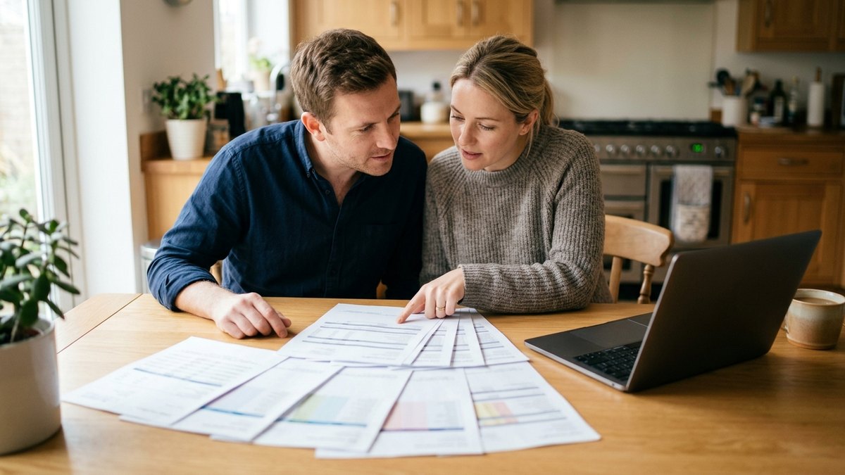 Category B spouse visa financial requirement A European couple at a kitchen table reviewing a fan of payslips and bank statements, the documents used to evidence Category B income for a UK spouse visa financial requirement.
