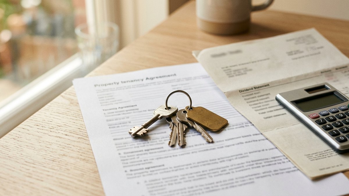 Category C spouse visa financial requirement House keys on a tenancy agreement beside an investment statement and a calculator, documents used to evidence Category C non-employment income for a UK spouse visa financial requirement.