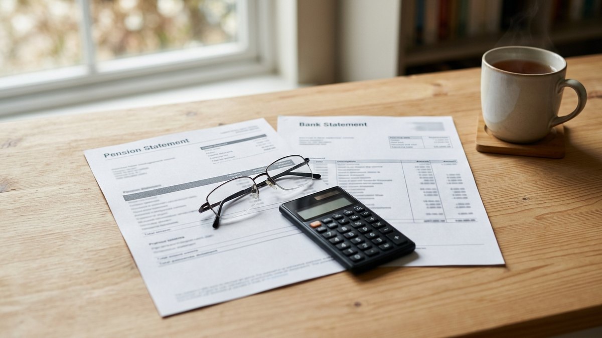Category E spouse visa financial requirement A pension statement and a bank statement on a desk beside a calculator and reading glasses, documents used to evidence Category E pension income for a UK spouse visa financial requirement.