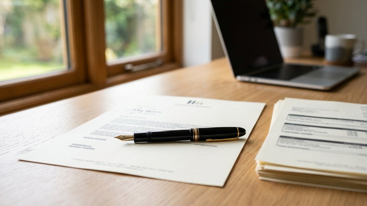 Employer letter for a UK spouse visa A signed employer letter for a UK spouse visa on company headed paper beside a set of payslips on a desk.