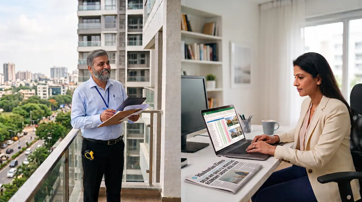 nri-property-valuation-in-person-vs-desktop-hero In-person property valuation with site inspection compared to a desktop valuation done remotely on a laptop