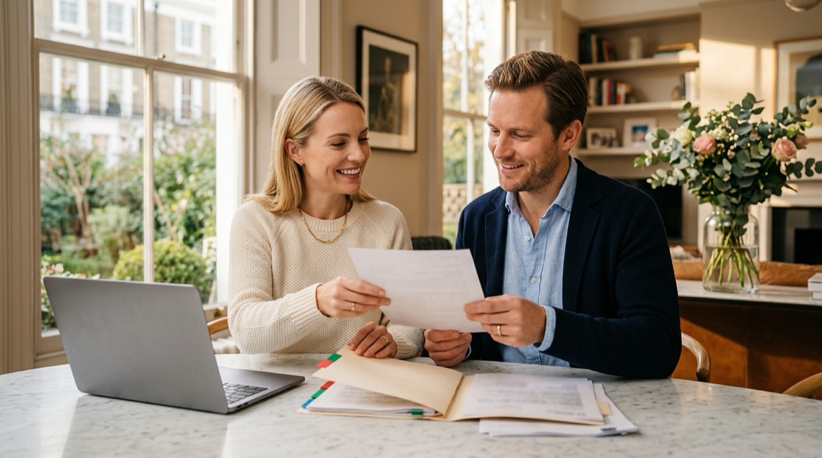 UK spouse visa refused: couple preparing a fresh application A married couple at home reviewing documents from an organised folder together as they prepare a fresh application after a UK spouse visa was refused.