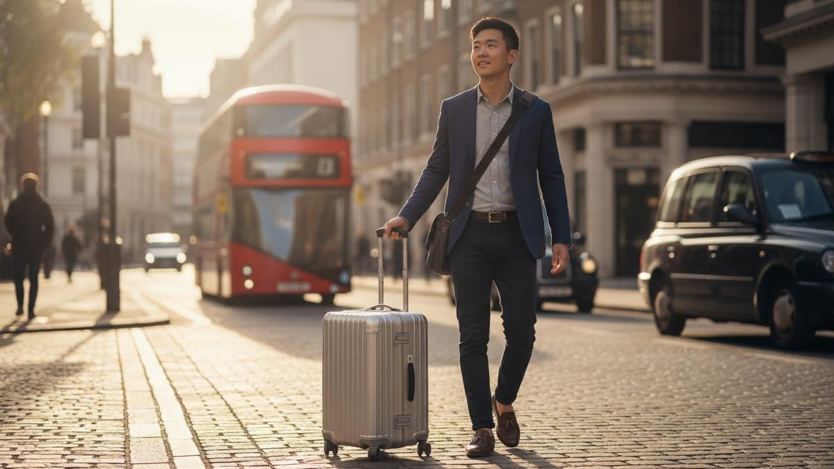 bno-adult-child-route-expansion-2026 A young Hong Kong adult arriving in London with luggage, illustrating the expanded BN(O) Adult Child route in 2026.