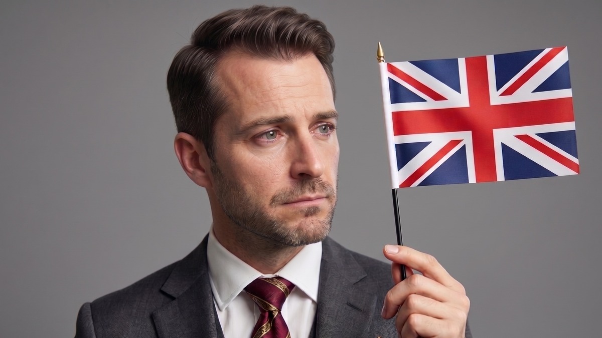 British Citizenship application mistakes Serious man in a suit holding a small Union flag, illustrating common mistakes in British citizenship applications