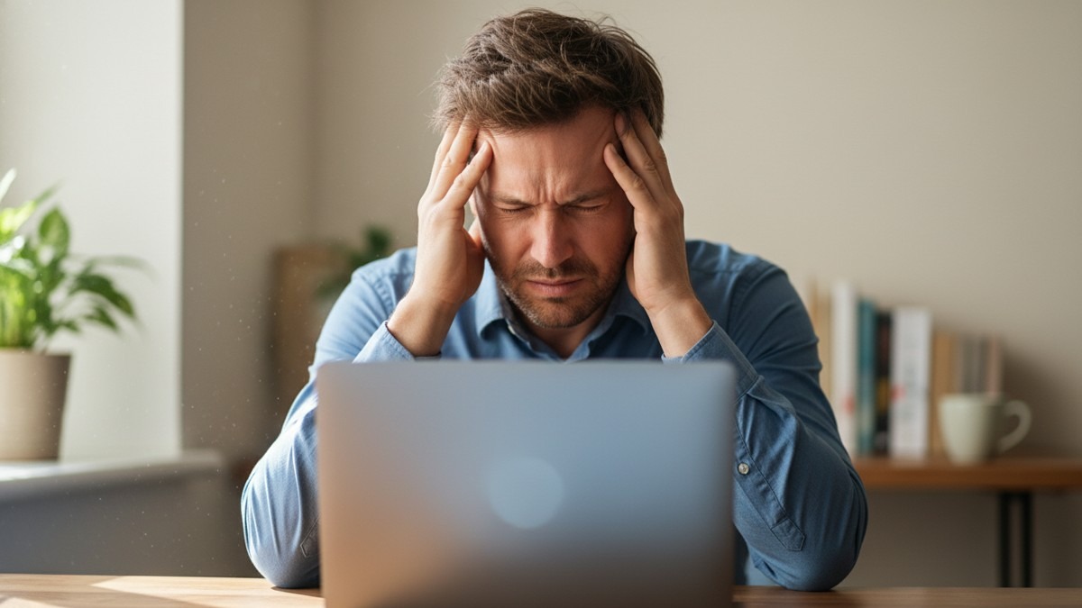 common-ilr-refusal-reasons Frustrated man holding his head in front of his laptop, illustrating common reasons indefinite leave to remain applications are refused