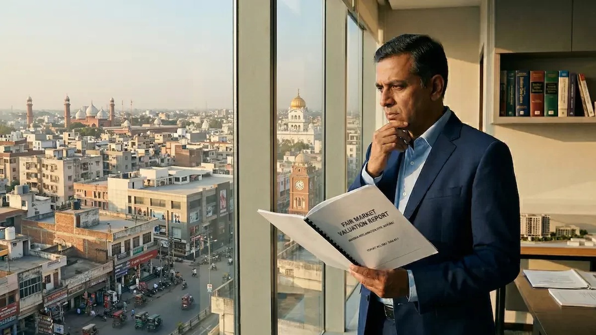 nri-property-sale-fmv-valuation-report A thoughtful NRI in a professional suit stands in a high-rise office overlooking an Indian city (Amritsar skyline featuring a prominent Gurdwara), contemplating a printed Fair Market Valuation Report regarding a potential property sale and its tax implications.