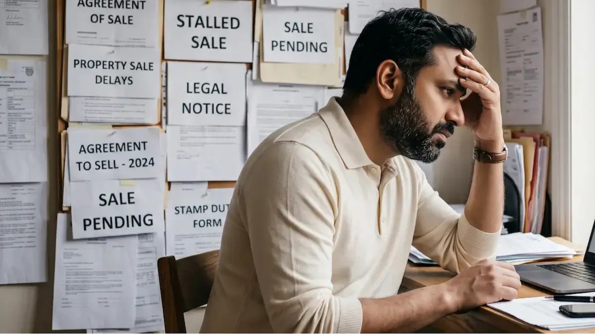 how-long-sell-property-india-nri-oci Frustrated man at a desk below notes reading stalled sale and sale pending, showing delays when an NRI or OCI sells property in India