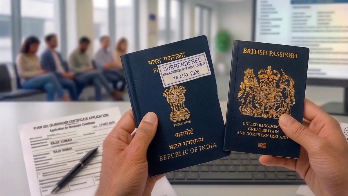 Surrendering an Indian Passport in the UK (2026) A person holding a new British passport and a surrendered Indian passport over a VFS application form in London.