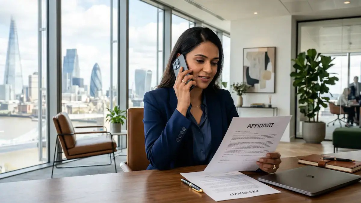 Executing an Indian Affidavit in the UK A legal professional in a London office reviewing an Indian Affidavit for cross-border execution in the UK.