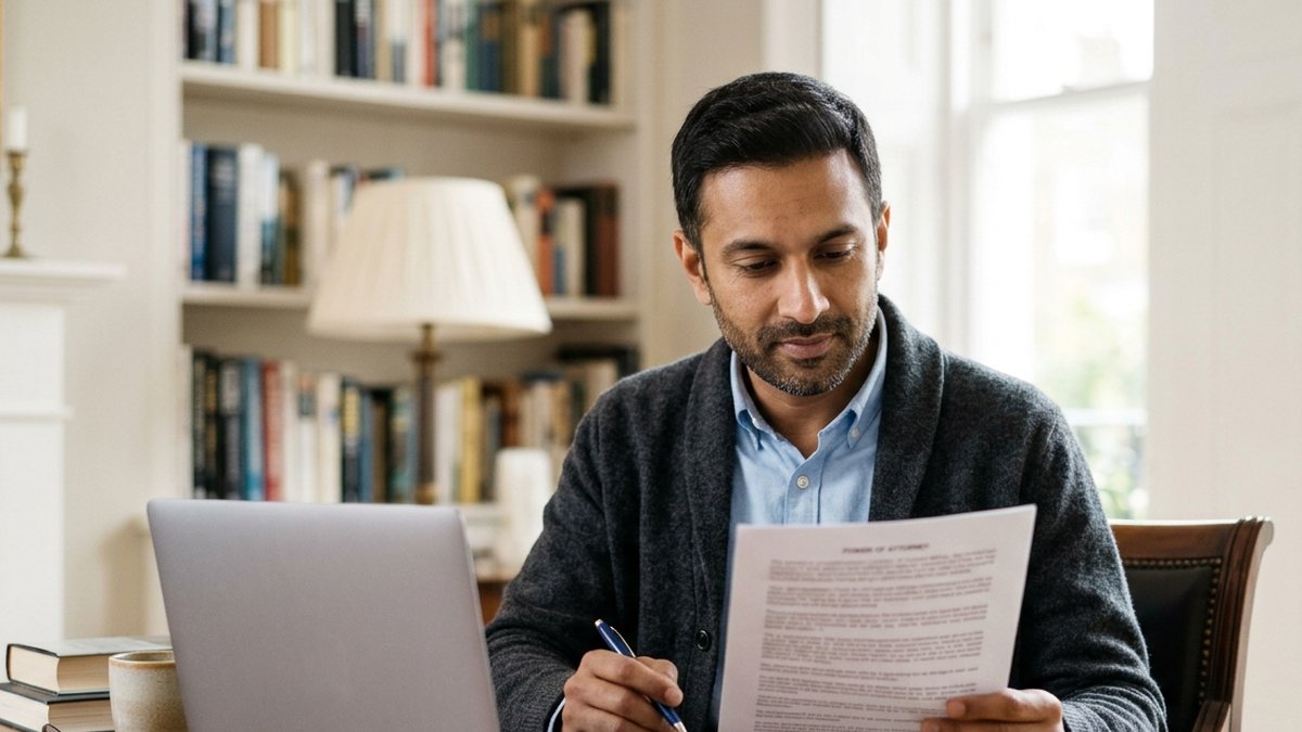 Can I make an Indian power of attorney online from the UK? A man at his home desk in the UK reviewing a printed power of attorney beside his laptop, checking whether an online power of attorney for India is possible.