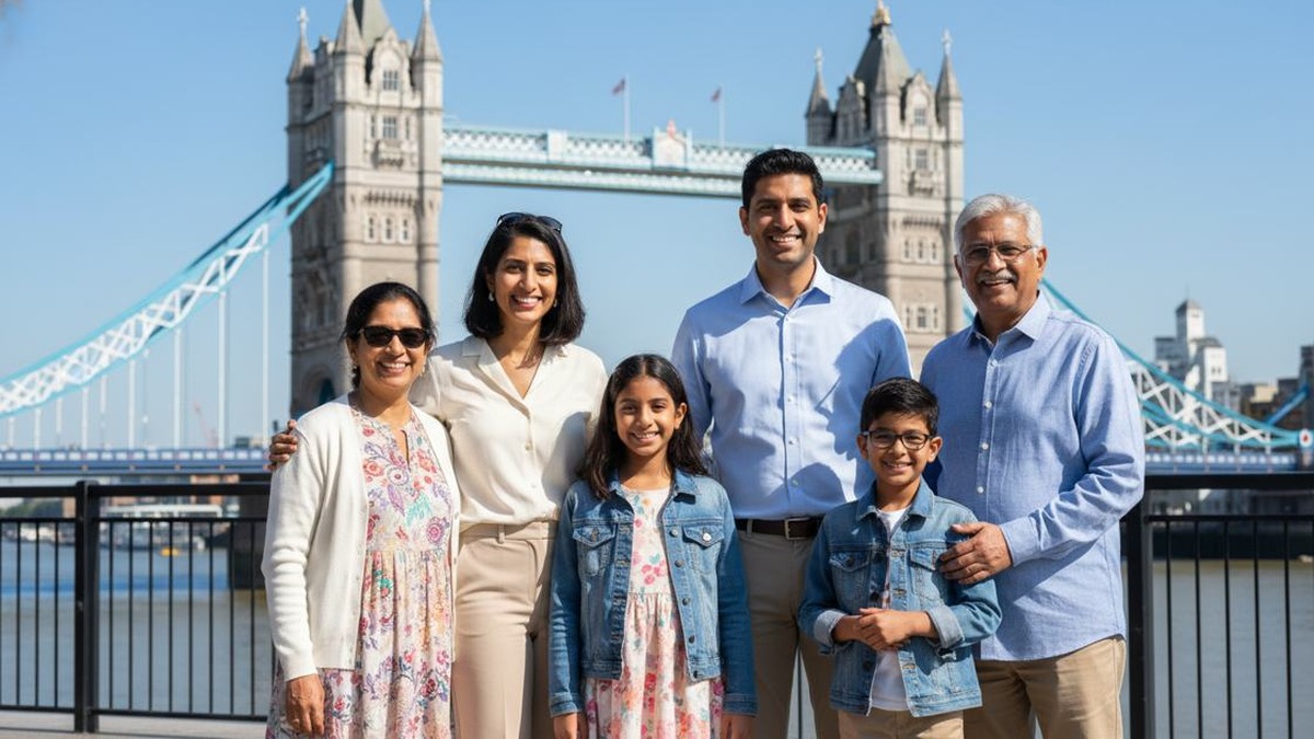 long-term-uk-visit-visa-2-5-10-year Three-generation Indian family in front of Tower Bridge, visiting London on a long-term UK Standard Visitor visa