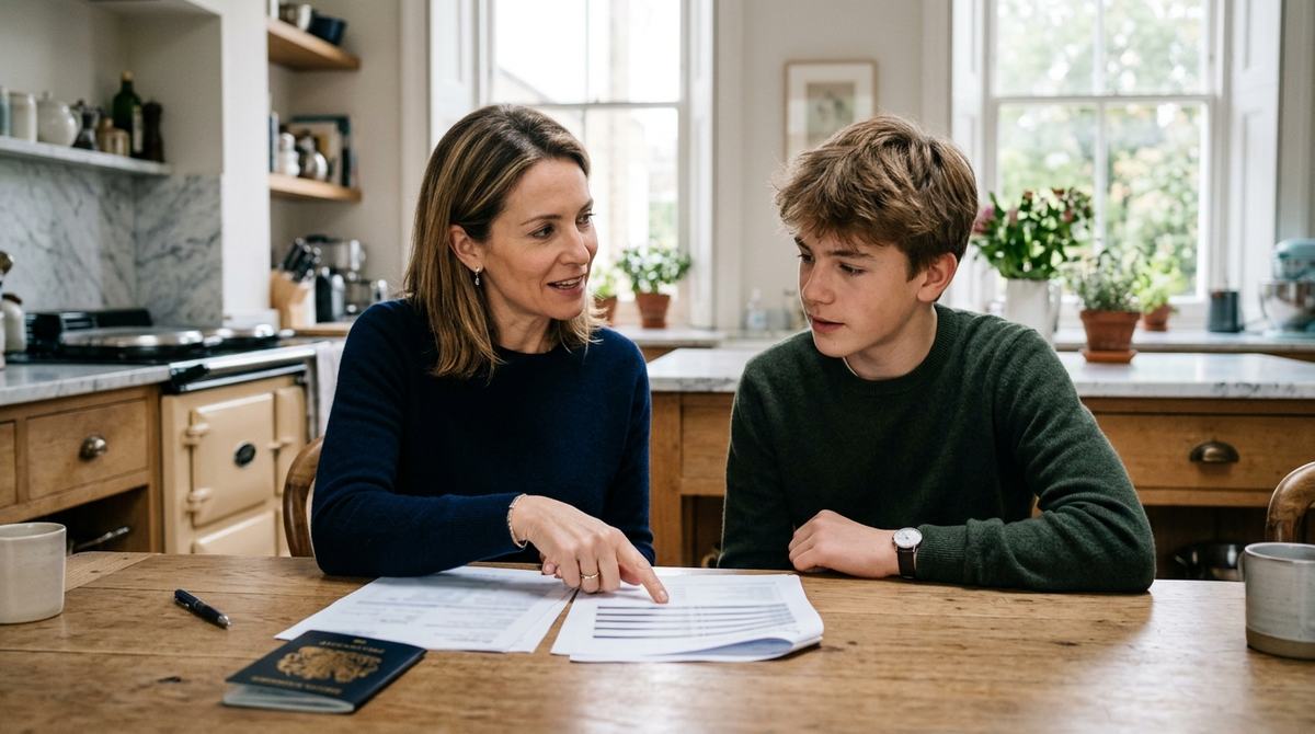 Naturalisation vs registration A parent and teenage child reading British citizenship application forms at a kitchen table, comparing naturalisation vs registration.