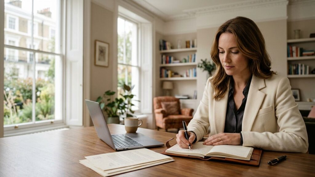 A professional woman at her home office desk noting key dates in a diary to check which new UK immigration rules apply to her application.