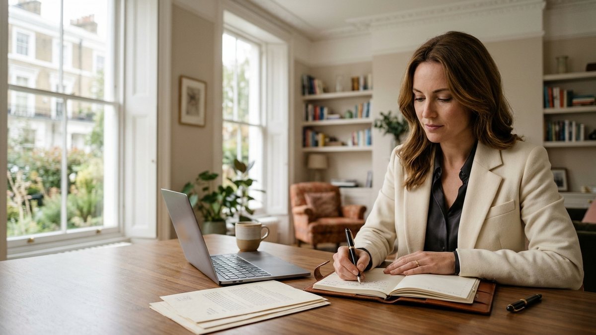 What are the new UK immigration rules in 2026? A professional woman at her home office desk noting key dates in a diary to check which new UK immigration rules apply to her application.