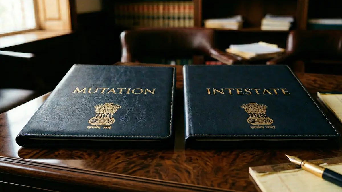 NRI Property Mutation & Intestate Succession Rules 2026 Two legal portfolios labeled Mutation and Intestate bearing the State Emblem of India, representing cross-border property succession for UK residents.