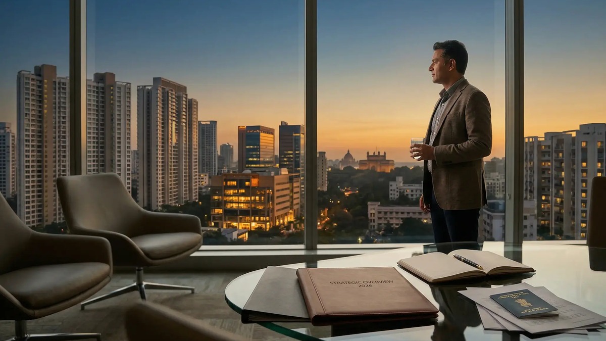 nri-property-sale-in-india-oci-before-sale-checklist A professional looking over the Mumbai skyline with a 2026 strategic overview folder and OCI documents, representing an NRI property sale in India.