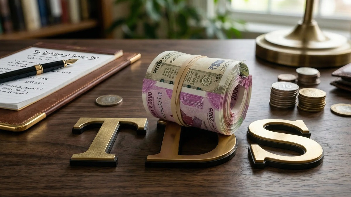 Section 195 TDS on NRI Property Sales India Gold TDS letters and Indian Rupee currency on a desk illustrating Section 195 Tax Deducted at Source for NRI property sales in India.