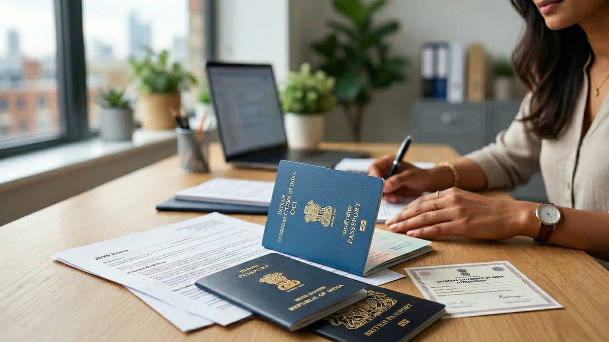 oci-card-uk-passport-renewal-rules-2026 A professional reviewing an OCI registration document alongside a British passport and an Indian passport, representing the 2026 compliance rules for UK residents.