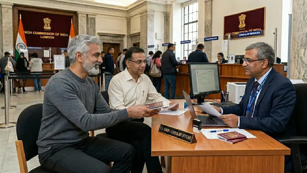 Submitting OCI Documents & Nativity Certificates in the UK An applicant submitting proof of Indian origin documents to a consular officer at the High Commission of India in London for an OCI application.