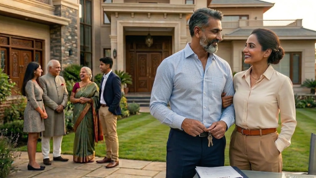 NRI Property Sale Legal Preparation 2026 A family standing outside a large luxury home, with a couple in the foreground holding house keys and reviewing legal documents for a property transaction.
