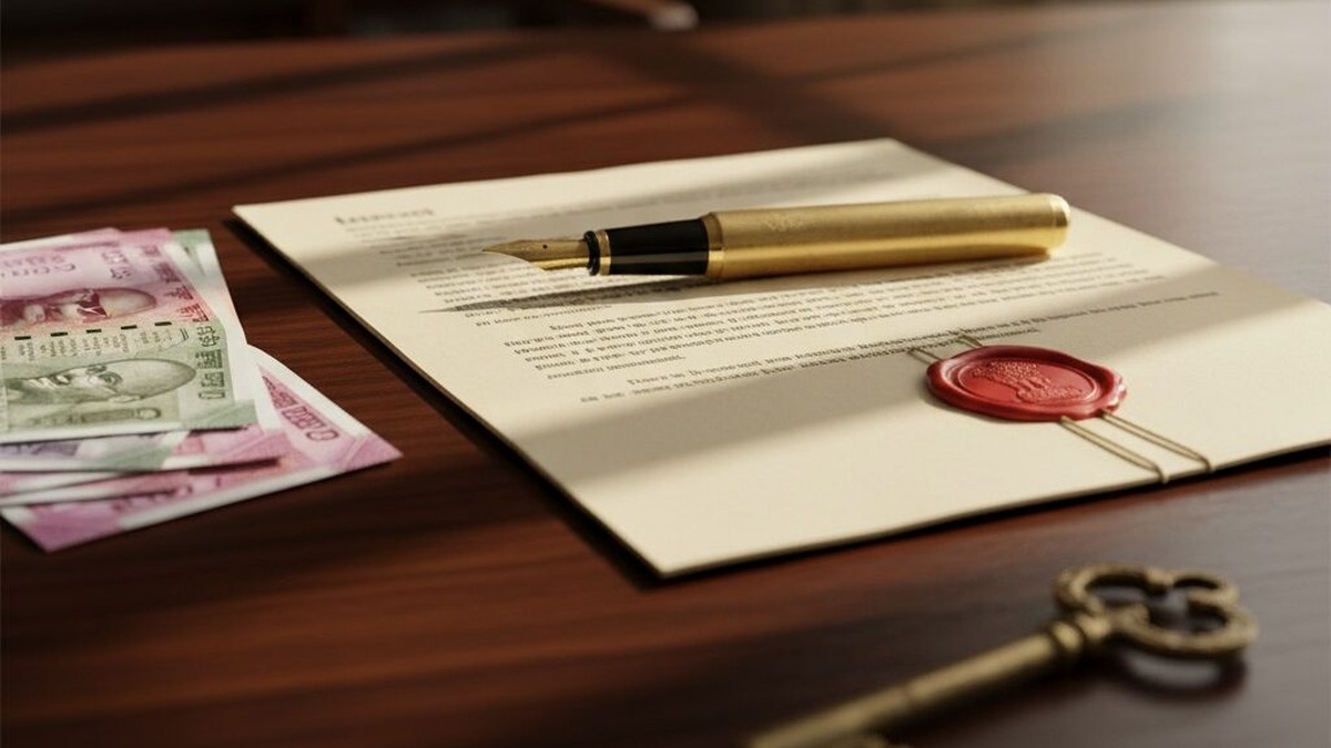 punjab-power-of-attorney-from-uk-2026 Indian rupee notes, a folded power of attorney deed and a fountain pen on a desk for execution of a Punjab Power of Attorney from the UK