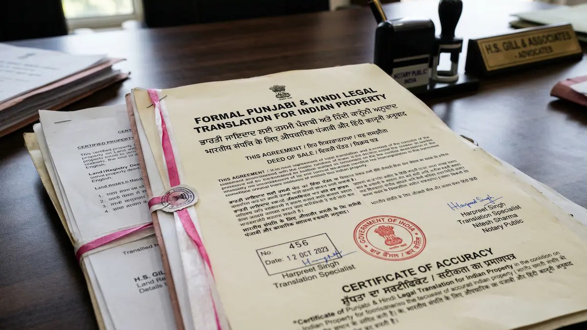 Formal Punjabi & Hindi Legal Translation for Indian Property Certified translation of Indian property documents showing English, Punjabi, and Hindi text with an official Notary Public Certificate of Accuracy stamp