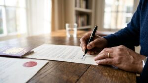 Hand signing a document with a fountain pen beside a passport and a sealed deed, illustrating selling Indian property through a Power of Attorney