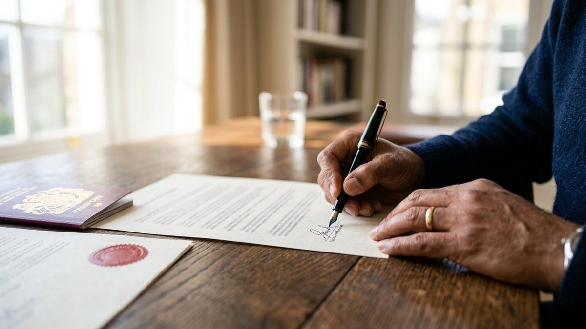 Power of attorney to sell property in India Hand signing a document with a fountain pen beside a passport and a sealed deed, illustrating selling Indian property through a Power of Attorney