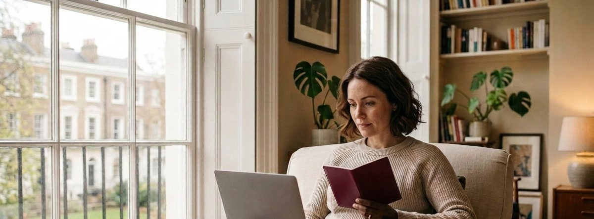 UK spouse visa application form A woman checking her passport against the UK spouse visa application form on a laptop, seated in an armchair by a window.