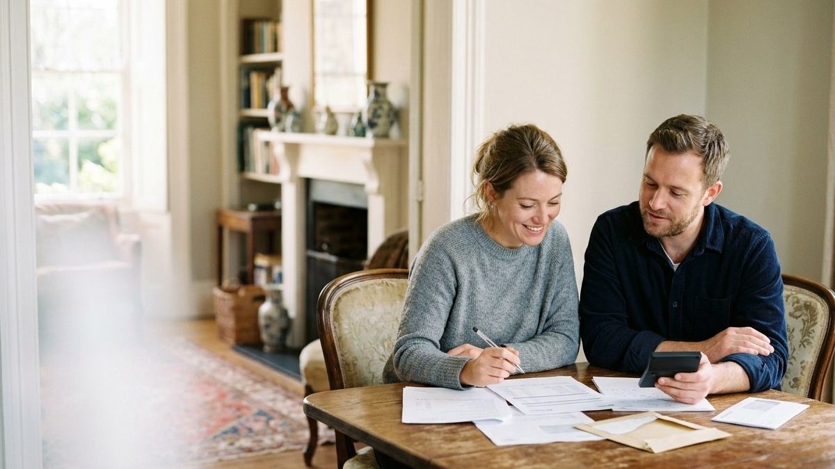 Is it £18,600 or £29,000 at a spouse visa extension and ILR? A couple reviewing payslips and bank statements with a calculator at their dining table, checking the spouse visa extension financial requirement.