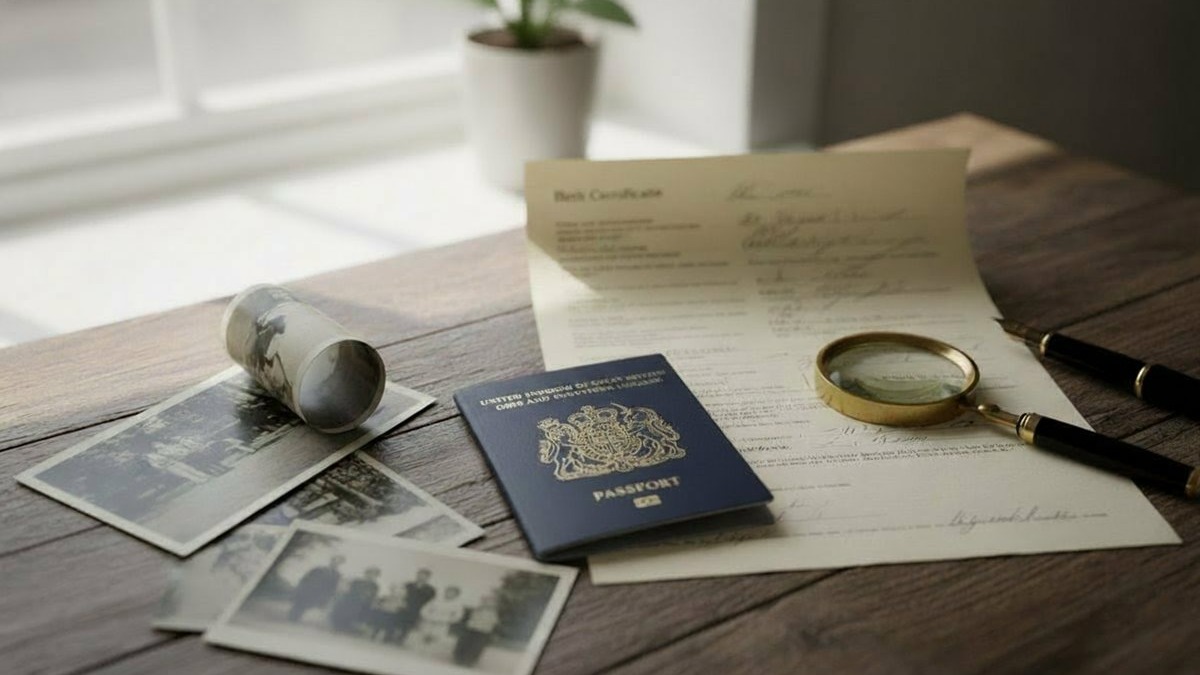 uk-ancestry-visa-faqs-passport-birth-certificate A Commonwealth passport beside a UK birth certificate and family photographs on a desk, illustrating frequently asked questions about the UK Ancestry Visa grandparent rule.