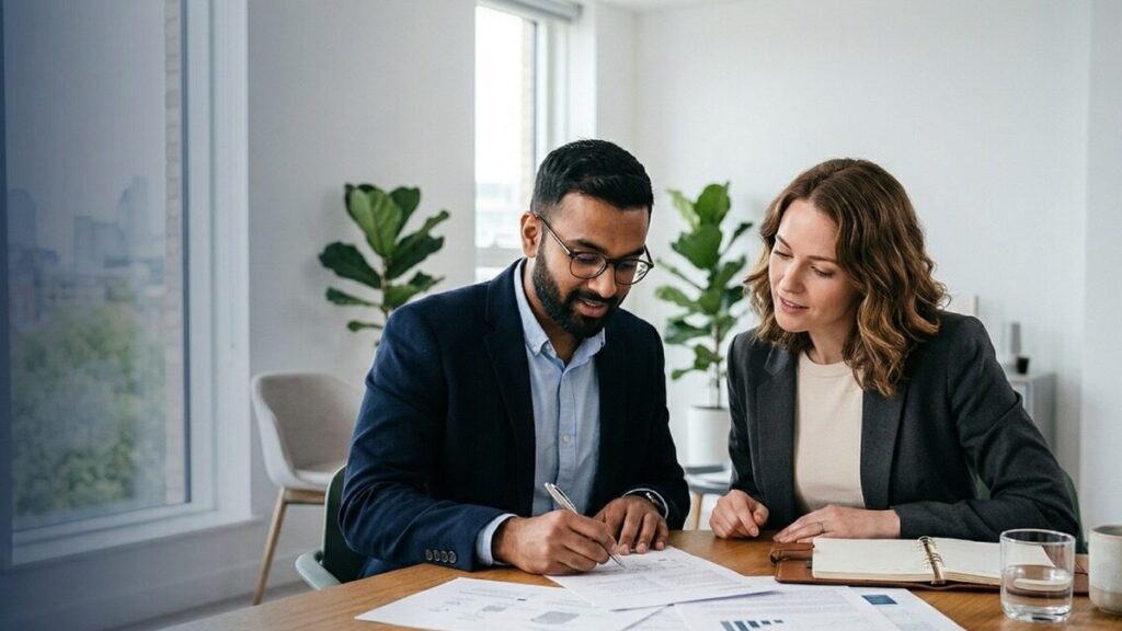 A couple reviewing UK immigration documents together at a desk — illustrating the UK unmarried partner visa application process.