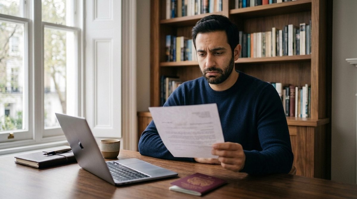 UK visa refusal and future applications A man at a home desk reading a past Home Office letter before starting a new application, considering how a UK visa refusal affects future applications.