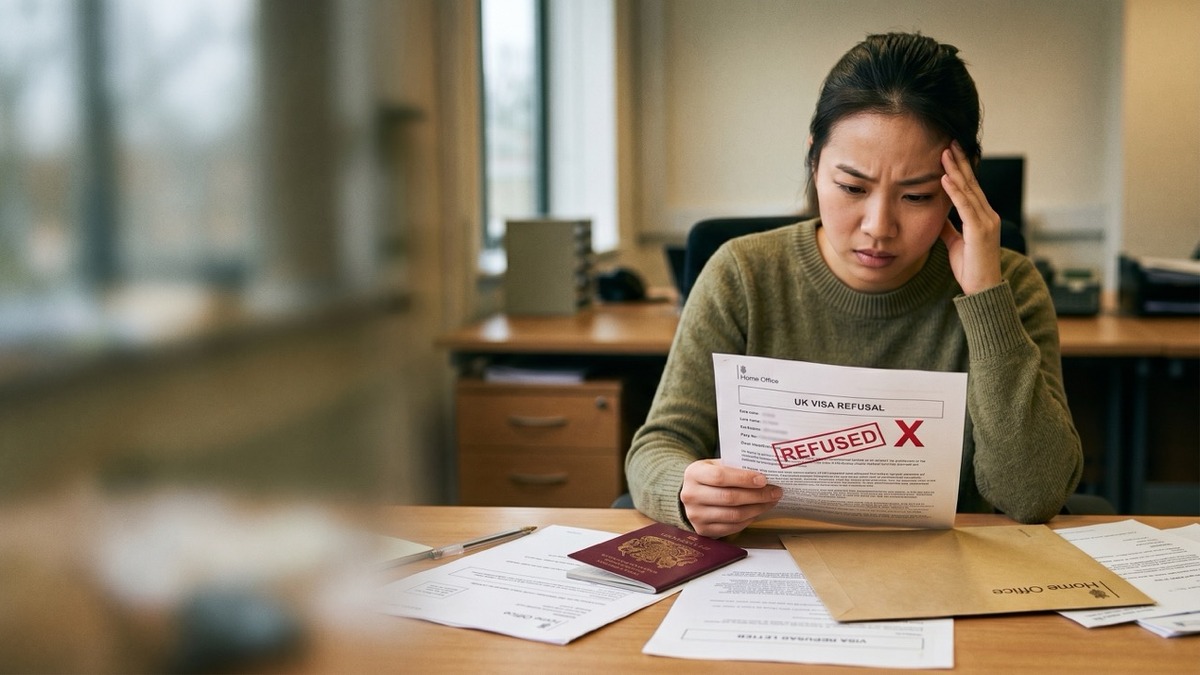 uk-visitor-visa-refusal-reasons Worried woman reading a UK visa refusal letter at her desk beside her passport, illustrating the common reasons visitor visas are refused
